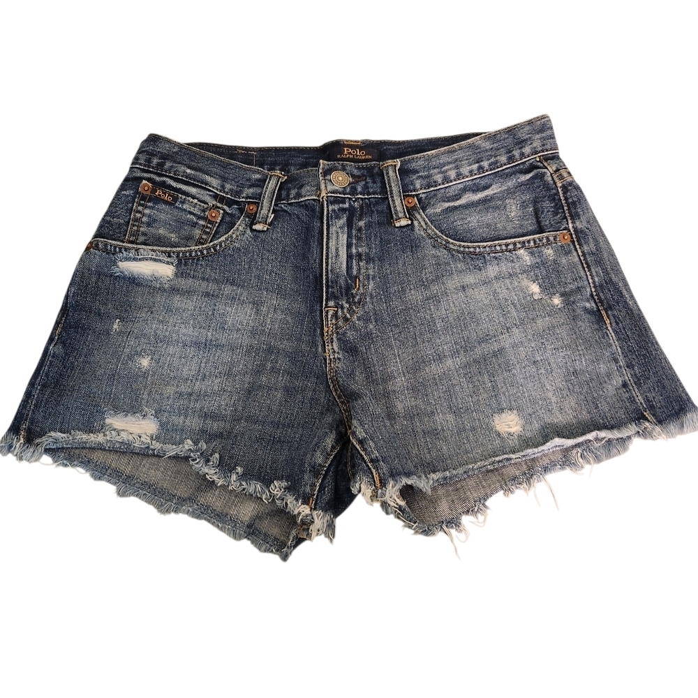 Polo by Ralph Lauren 'The Crosby' blue denim shorts frayed hem, sz 27
